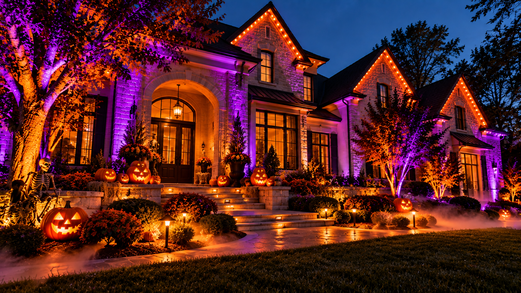 Luxury Georgia home with high-end orange roofline lighting, purple architectural uplighting, illuminated trees, pumpkins, and pathway lights