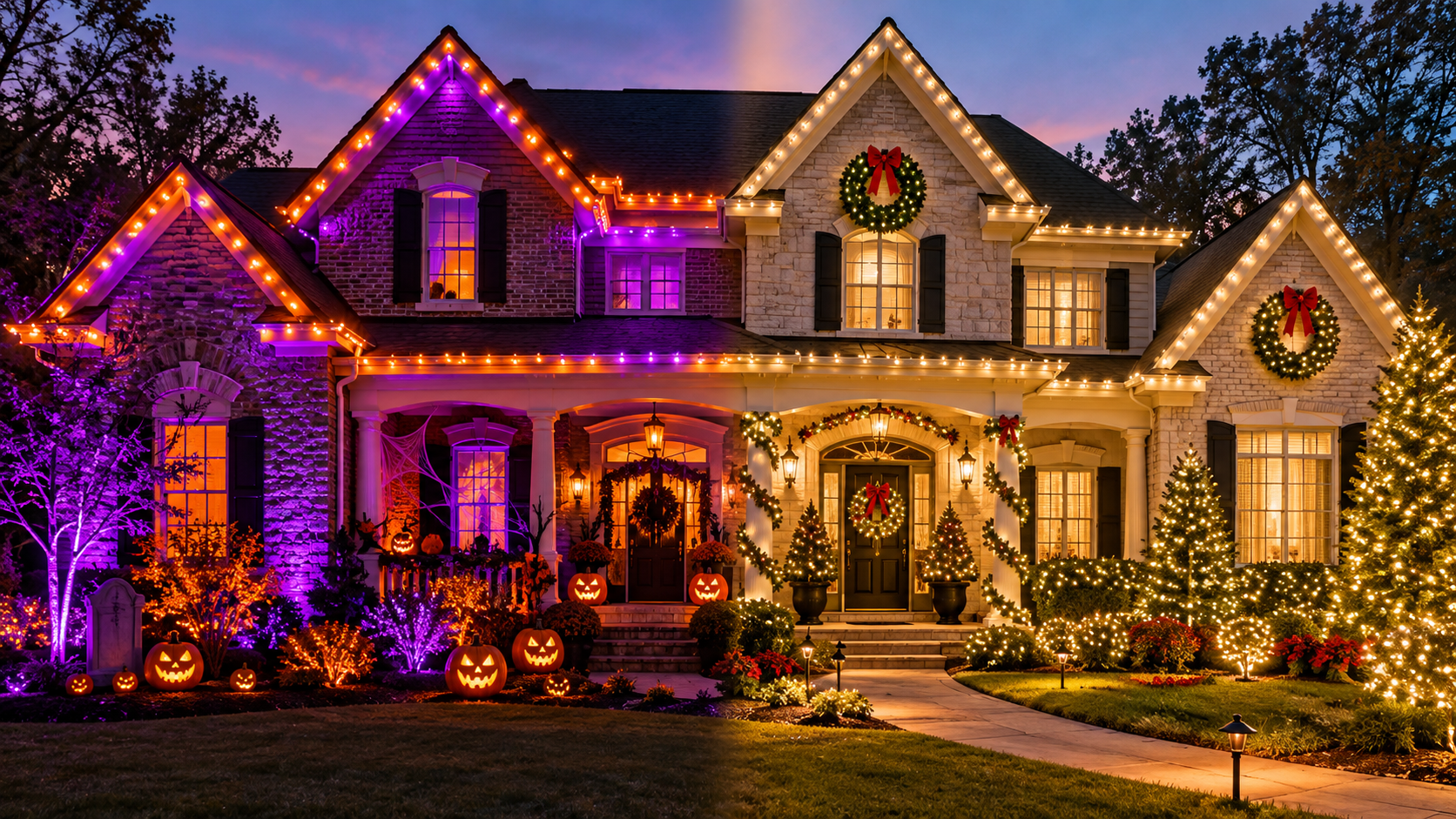 Georgia home transitioning from Halloween to Christmas lighting, with orange roofline lights and purple tree uplighting on one side and warm white Christmas lights, lit trees, and wreaths on the other