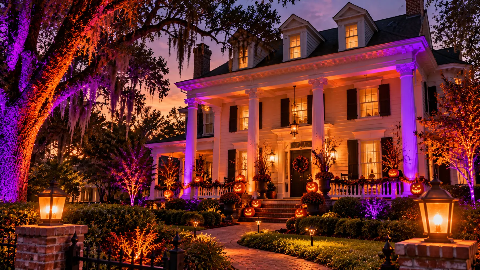 Historic Southern home in Georgia with columned front porch outlined in warm orange roofline lighting, purple tree uplighting, glowing jack-o'-lanterns, and lantern-lit walkway at dusk