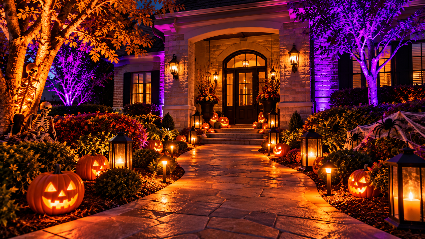 Georgia home's Halloween walkway illuminated with pumpkins, lanterns, orange pathway lights, purple tree uplighting, skeletons, and porch décor